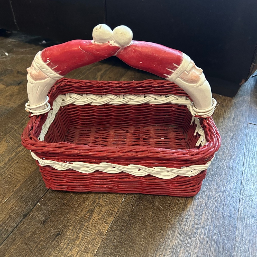 Vintage Style Christmas Santa Claus Wooden Wicker Basket Red White Holiday 10in
